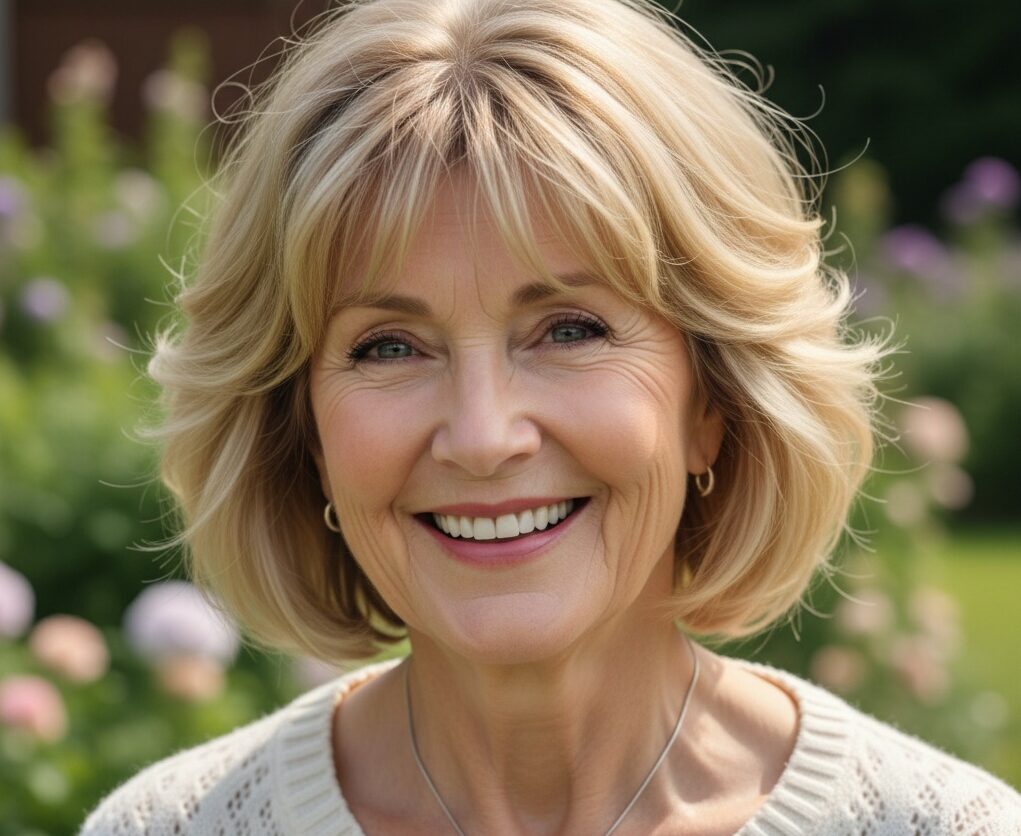 A smiling middle-aged woman with blonde hair stands outside with a garden in the background.