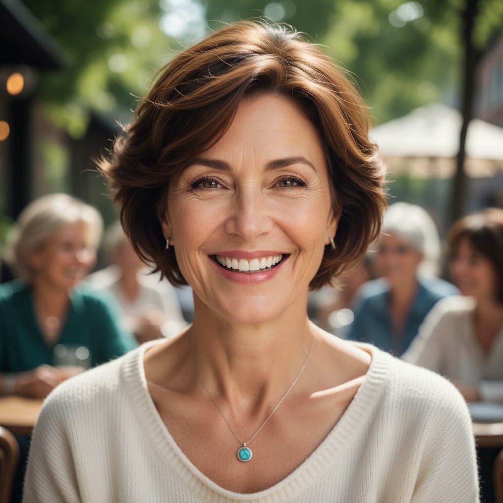 A smiling middle-aged woman with short brown hair wearing a white sweater and a turquoise pendant necklace sits at an outdoor café.