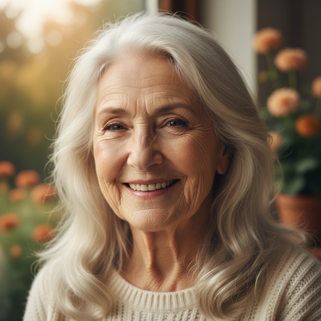 An older woman with long white hair and a warm smile looks directly at the camera indoors.